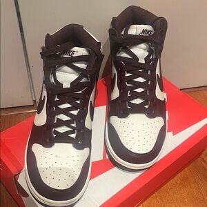 Nike Womeu Burgundy and White High-Top Dunks